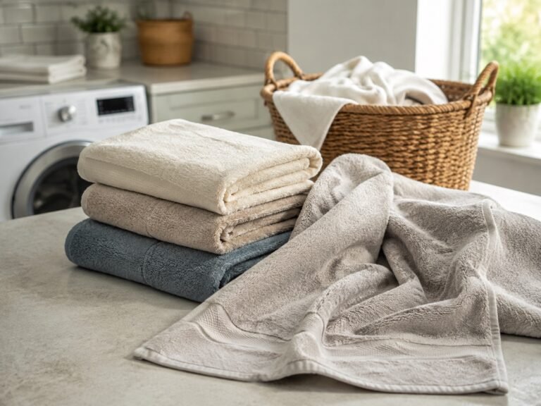 Freshly washed towels being handled in a laundry room
