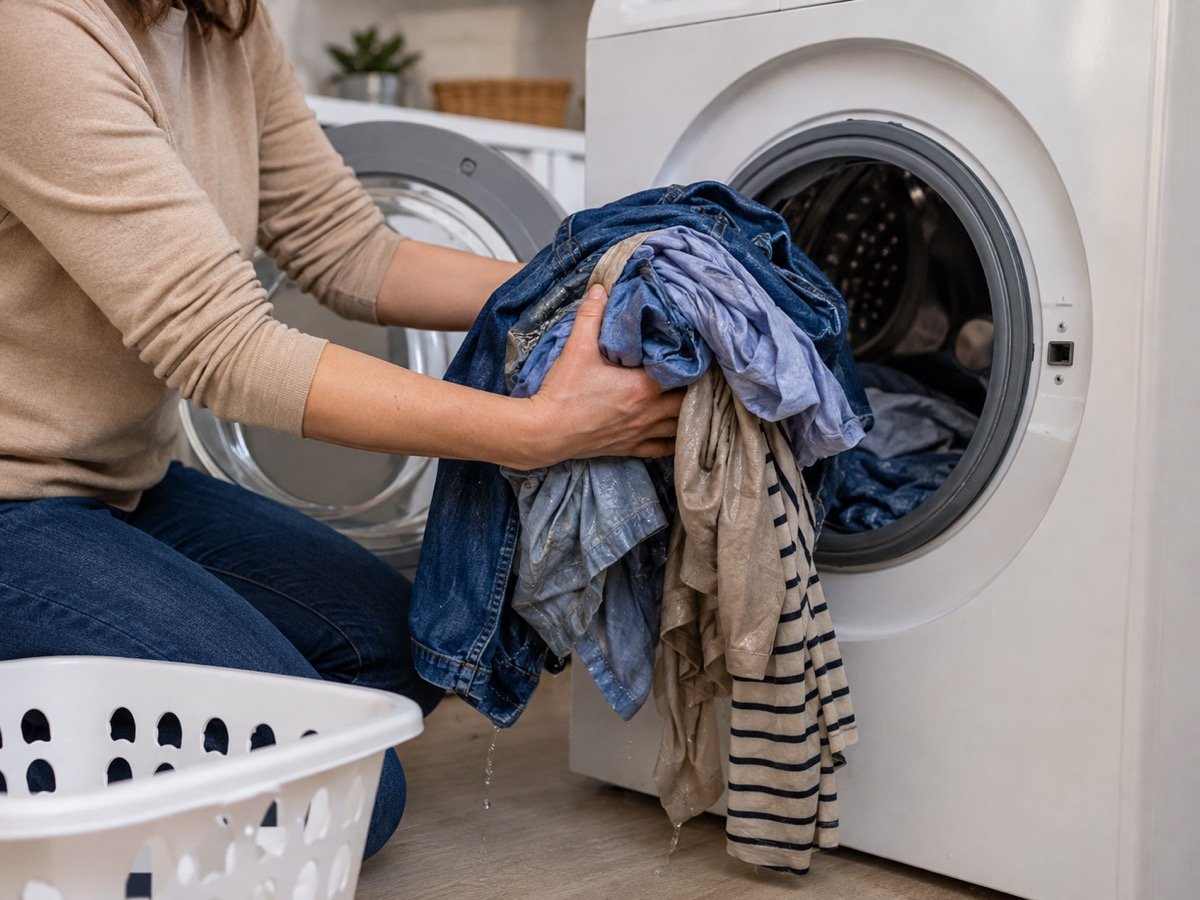 Person lifting a heavy, wet load of clothes from an open washing machine