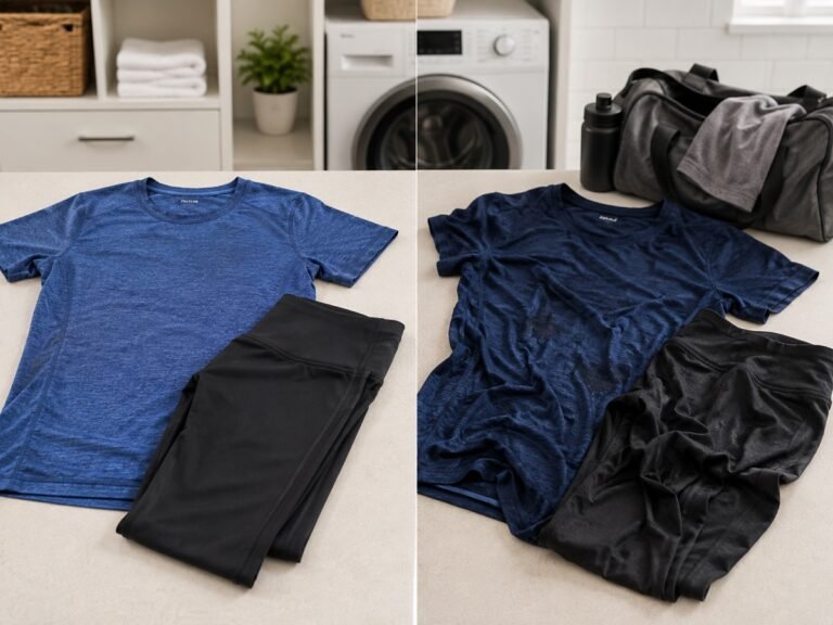 Workout clothes shown in a clean and worn comparison