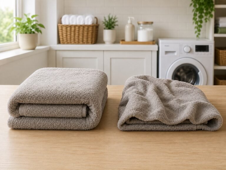 Dry and damp towels in a laundry room