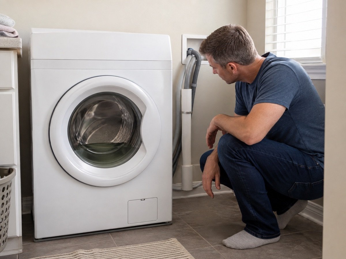 Homeowner checking an accessible washing machine drain hose beside a front-load washer with water visible at the bottom of the drum.