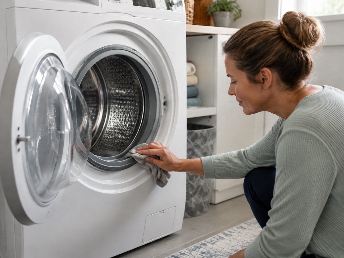 Homeowner checking the open door seal of a front-load washing machine