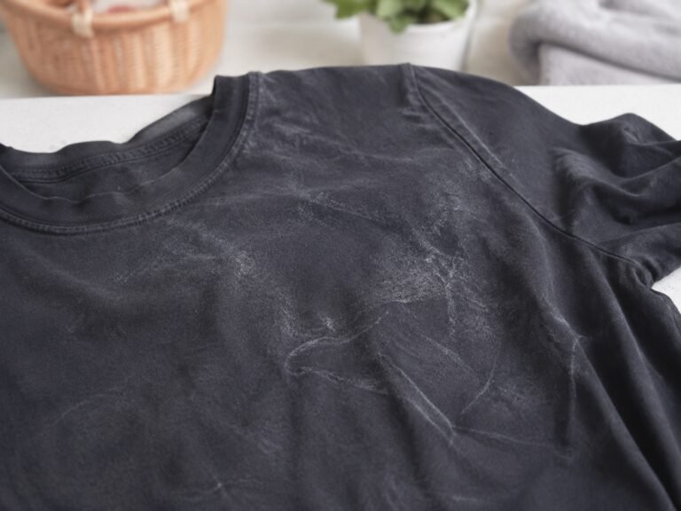 White residue visible on a dark garment after washing